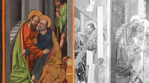Visita de San Pablo a San Pedro en prisión, a la izquierda su estado actual en el Cincinnati Art Museum y la derecha, tablas pintadas fotografiadas en el establecimiento del anticuario Juan Lafora. Cincinnati Art Museum/ Archivo Moreno. Fototeca Ministerio de Cultura. ( PUEDE AMPLIARSE ) Visita de San Pablo a San Pedro en prisión, a la izquierda su estado actual en el Cincinnati Art Museum y la derecha, tablas pintadas fotografiadas en el establecimiento del anticuario Juan Lafora. Cincinnati Art Museum/ Archivo Moreno. Fototeca Ministerio de Cultura. ( PUEDE AMPLIARSE )